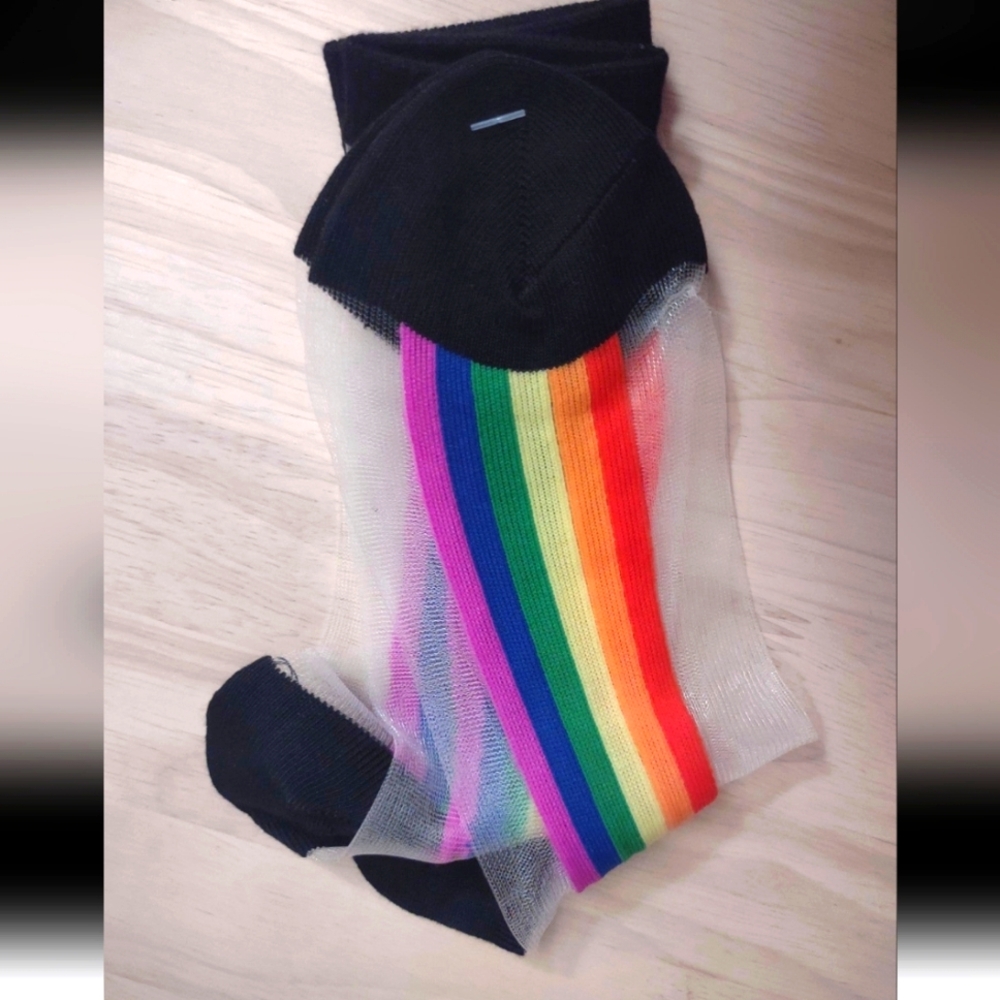 Rainbow Stripes Mesh Black Socks Y2K Harajuku Colorful